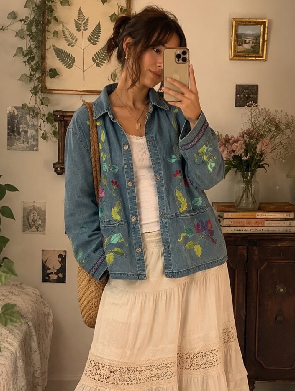 Vintage Denim & Co Floral Embroidered Shirt Jacket Size L Oversized Shacket